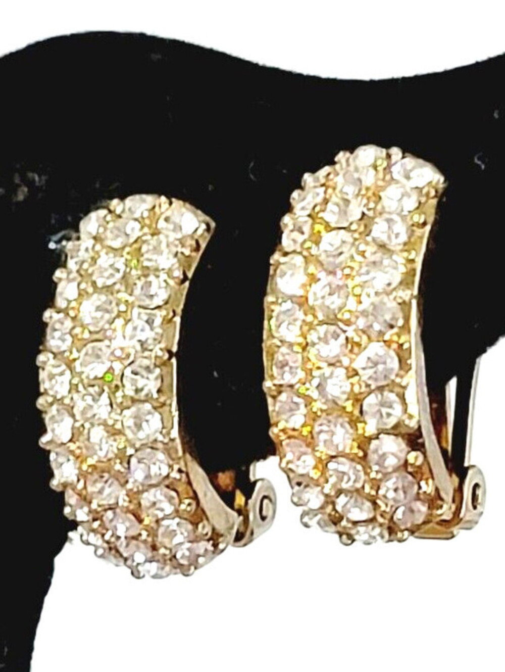 Vintage Rhinestone Clip On Earrings Gold-tone Half Hoops Sparkly Retro wc-66